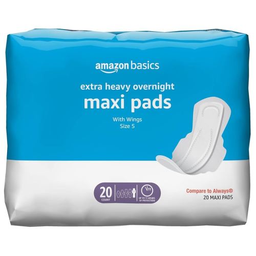 Amazon Basics Thick Maxi Pads with Wings for Periods - Extra Heavy Overnight Absorbency, Unscented, Size 5, 20 Count (Previously Solimo)