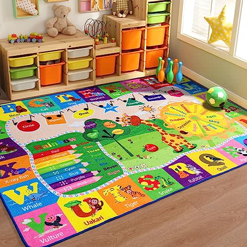 B BENRON 5x7 Playroom Rugs for Kids Washable, Educational and Fun Playmat with ABC Alphabet Animals Shapes Colors, Non-Slip Play Mat Learning Rugs for Baby Toddler Children Game Activity