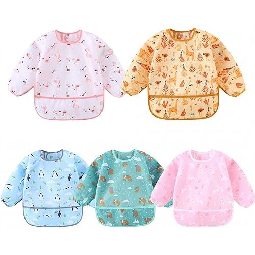 5-Pack Baby Long Sleeve Waterproof Bib Full Coverage Apron Bib Smock Toddler Bibs with Pocket 3-30 Months