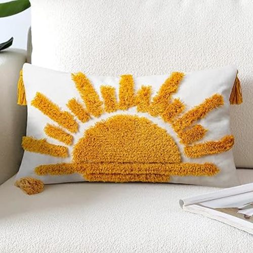 Adabana Boho Decorative Throw Pillow Covers 12x20 Tufted Yellow Sun Sunshine Pillow Cover for Bedroom Living Room Bed Sofa