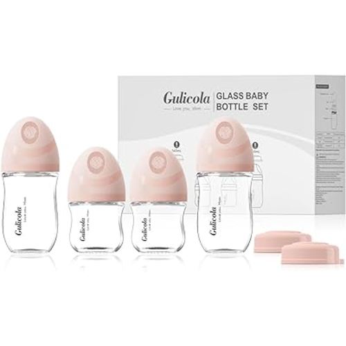 Natural Glass Baby Bottles Set 4 Pack, Newborn Girl Breastfeeding Bottles with Slow Flow Nipples, 0 Months+, 3 oz & 5 oz - Pink