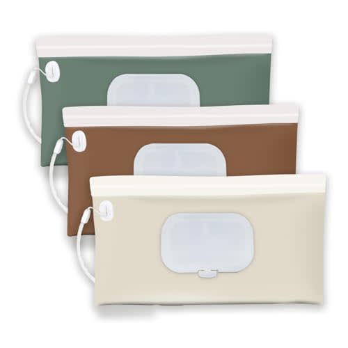 3 pack refillable baby wipes container for travel,earth tone portable wipes dispenser/holder for diaper, wipe refillable case on the go ( earth tone style)