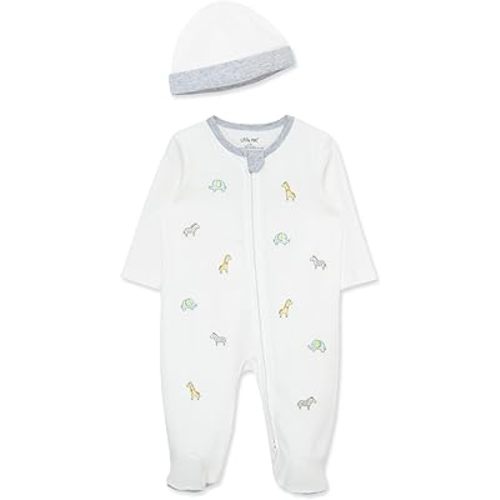 Little Me Gender Neutral Clothes for Baby 2-Piece 100% Cotton Scratch-Free Tag Footie Sleeper and Cap Sets, Preemie to 9M