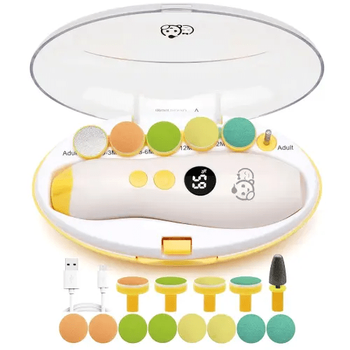 Rechargeable 22 in 1 Baby Nail Trimmer, Usage Labeled Case, 13 Extra Replacement Tools, Royal Angels Electric Nail File with LCD Display, Newborn Toddler Nail Care Clipper Kit (Rechargeable, Mango)