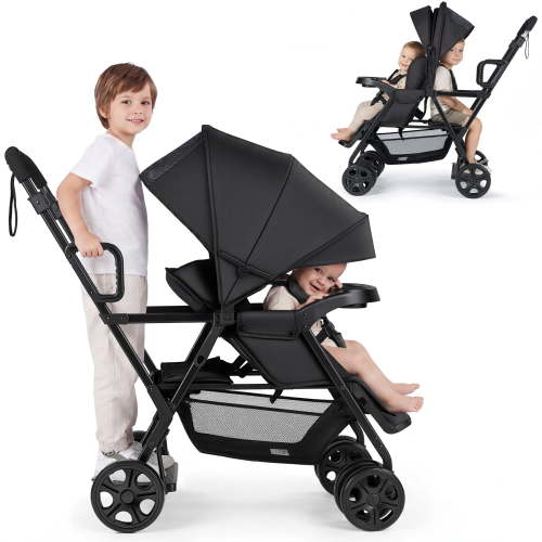 Vomeast Double Stroller, Foldable Travel Baby Stroller, Sit and Stand, Lockable Front Wheels, Dual Rear Brakes, Black