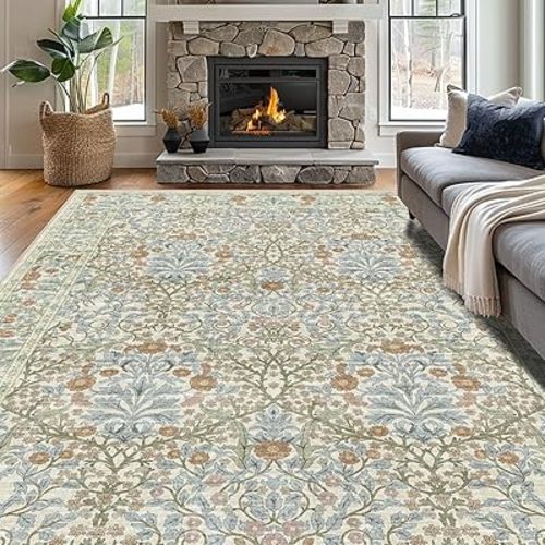 Vintage Beige Blue Living Room Rug, 8x10 Washable Area Rugs for Dining Room Under Table, Soft Low Pile Large Carpet Bedroom, Non-Slip Boho Floral (8 x 10 Beige Blue)
