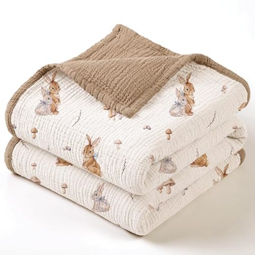 lulumoon Muslin Baby Blanket for Unisex: Cotton Baby Blanket with Bunny - Soft Breathable for Newborn Stroller & Daycare 47"x47" (Brown Bunny)