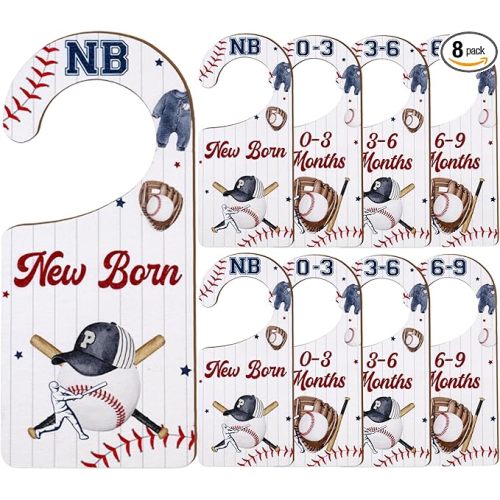 Baby Closet Dividers 8PCS, Baseball Theme Wooden Double-Sided Clothes Size Hanger Organizer from Newborn to Toddler for Nursery Decor Baby Shower Birthday Gift (Includes Gift Box)