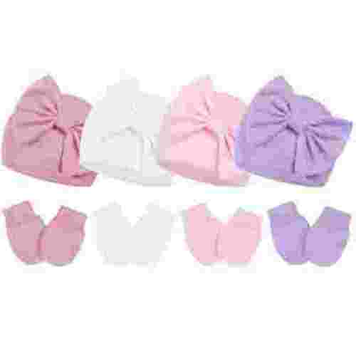 Zando 4Pcs Newborn Hat and Mitten Set Baby Girls Beanie with Big Bow Warm Baby Hats and No Scratch Mittens 0-3 Months