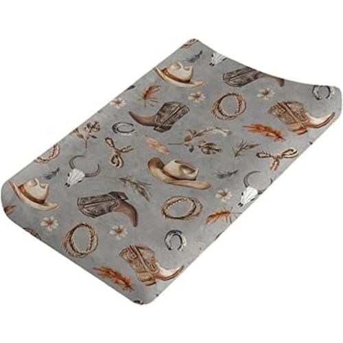 Cowboy Life Baby Changing Pad Covers for Boy Girl 32''x16'' Retro Cowboy Hats Boots Horse Cow Skull Fitted Diaper Changing Table Sheets Country Western Soft Breathable Nursery Change Table Pad Mats