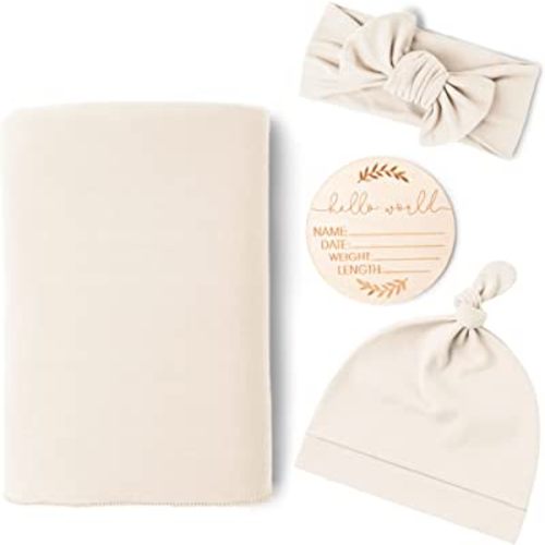 Konssy Baby Newborn Receiving Blanket with Matching Headband and Beanie Set Baby Swaddle Nursery Swaddle Wrap(Beige)