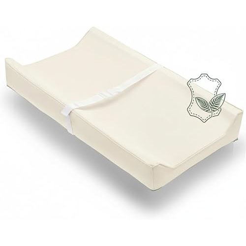Vegan Leather Contoured Baby Changing Pad | Waterproof & Wipe-Clean PU Leather Diaper Change Mat, Soft, Wipeable Cover, Safety Strap, Non-Slip Bottom, Topper for Standard Infant Diaper Table & Dresser