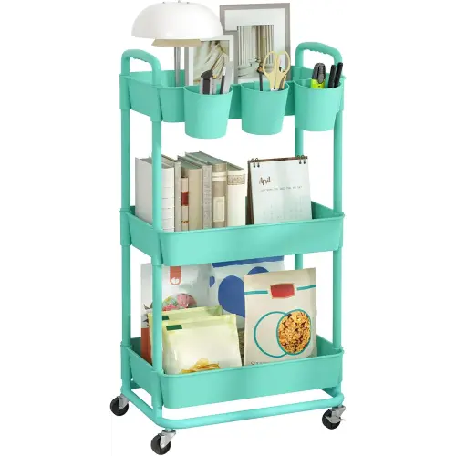 JIUYOTREE 3-Tier Plastic Rolling Storage Cart Utility Cart with Extra Hanging Cups Handles Lockable Wheels for Living Room Bathroom Kitchen Office Green