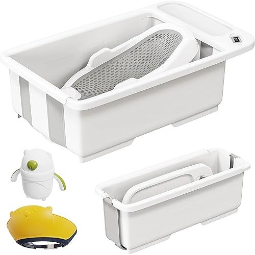 Collapsible Baby Bathtub with Smart Temperature Display & Bath Stand, Portable Travel Bathtub, Ideal for 0-36 Months Infants