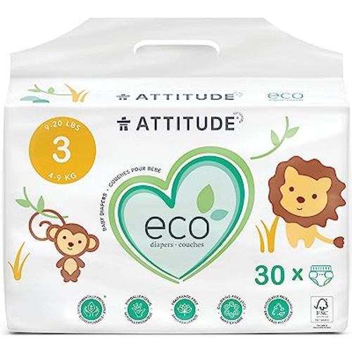 ATTITUDE Natural Diapers, Non-Toxic, Eco-Friendly, Safe for Sensitive Skin, Chlorine-Free, Leak-Free & Biodegradable Baby Diapers, Plain White (Unprinted), Size 3 (9-20 lbs), 30 Count (16230)