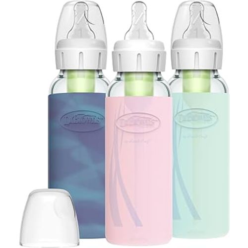 Dr. Brown's Natural Flow Anti-Colic Options+ Narrow Glass Baby Bottle, 8 oz/250 mL, with Silicone Bottle Sleeve, 3 Pack, Glow/Pink/Mint