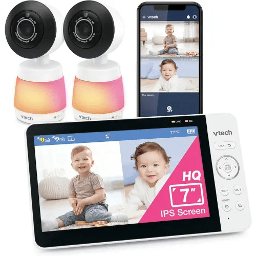VTech 2-Cameras Smart WiFi Baby Monitor with 1080p FHD Video, Free App with Motion Video, Sound/Motion Detection and Notifications, 7" IPS Display with Split-Screen, Pan-Tilt-Zoom: Smart HQ Max Twin