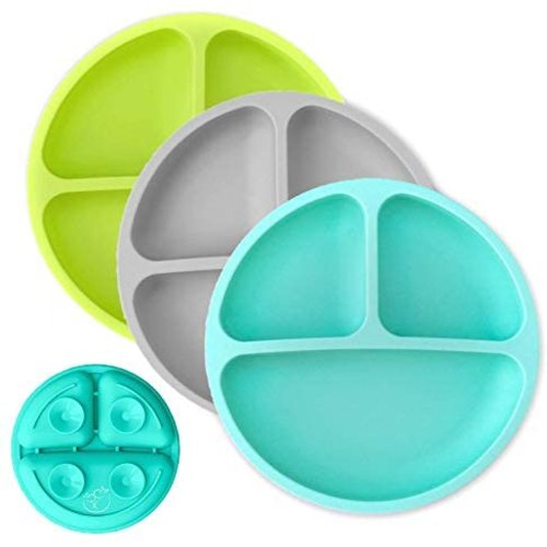 Hippypotamus Toddler Plates with Suction - Baby Plates - 100% Silicone Divided Plate - BPA Free - Microwave Safe Dishes - Set of 3 (Teal/Gray/Lime)
