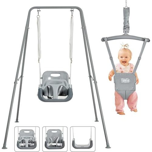 FUNLIO 2 in 1 Swing Set for Toddler & Baby Jumper, Heavy Duty Kids Swing & Bouncer with 4 Sandbags, Foldable Metal Stand for Indoor/Outdoor Play, Easy to Assemble and Store - Grey