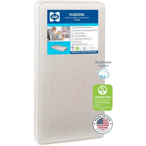 Sealy Baby Flex Cool Breathable Hypoallergenic 2-Stage Dual Firm Waterproof Baby Crib Mattress & Toddler Bed Mattress, Cotton Cover, 204 Premium Coils, Air Quality Certified, Made in USA, 52"x28"
