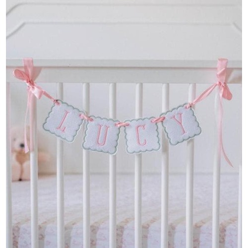 Personalized Pink and Green Name Banner – Baby Girl Name Garland for Nursery, Crib, or Baby Shower Decor – Custom Embroidered Appliqué Sign
