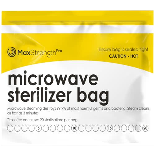 Max Strength Pro Microwave Steam Sterilizer Bags 20pc for Baby Bottles, Soothers, Teethers, Breast Pump Parts, Training Cups, Accessories, Reusable Large Bags, 20 Uses Per Bag, Easy Tracking System