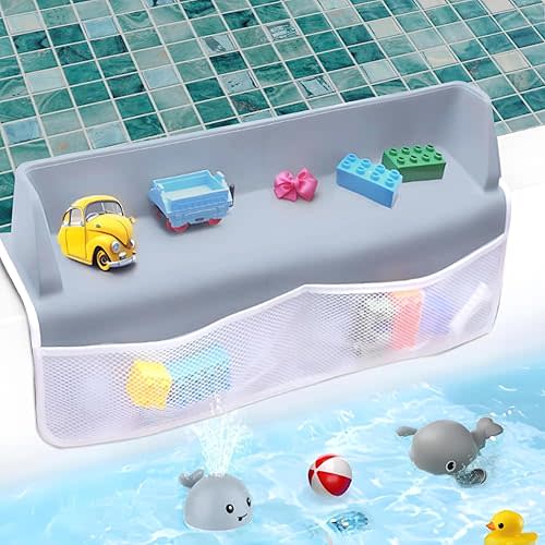 DLUCKY Silicone Bathtub Splash Guard, Bath Toy Storage Bag,Guard for Bathtub with Mesh Bathtub Toys Storage, Safe Silicone Material, Extended Design for Splash Protection, Convenient Storage, Gray