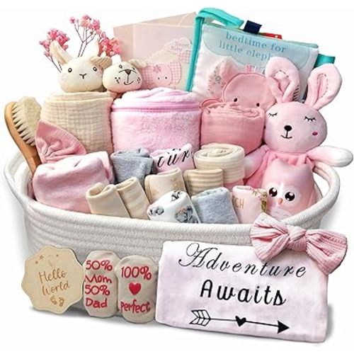 30-Piece Baby Girl Shower Gift Basket Set - Newborn Essentials, Large Pink Gift Basket With Rattle, Swaddle, Diaper Caddy Organizer
