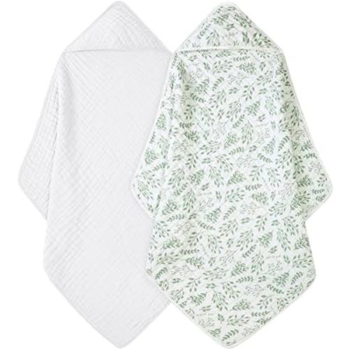 Baby Bath Towels, 100% Muslin Cotton Hooded Baby Towels for Newborn, Baby Towels with Hood for Infant Toddler and Kids, Large 32x32Inch, Soft and Absorbent