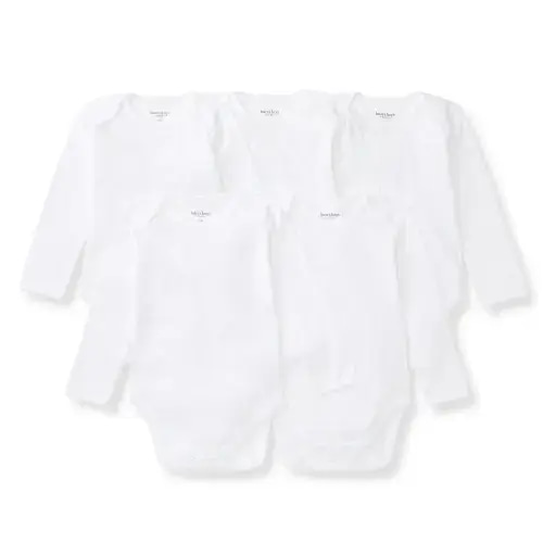 Burt's Bees Baby, Bee Essentials Organic Long Sleeve Baby Bodysuit, 5 Pack, 0-3 Months, White