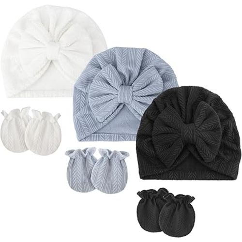 Newborn Baby Bow Hats and Mittens Hospital Hat Beanie Infant Caps Baby Cotton No Scratch Mittens for 0-12 Months