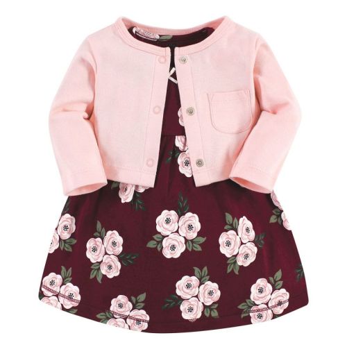 Hudson Baby Baby Girls Cotton Dress and Cardigan Set, Burgundy Floral, 3-6 Months