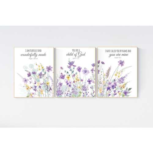 Purple and yellow flower nursery decor girl, wildflower, girls room decor, lavender nursery, lilac nursery, bible verse, christian art