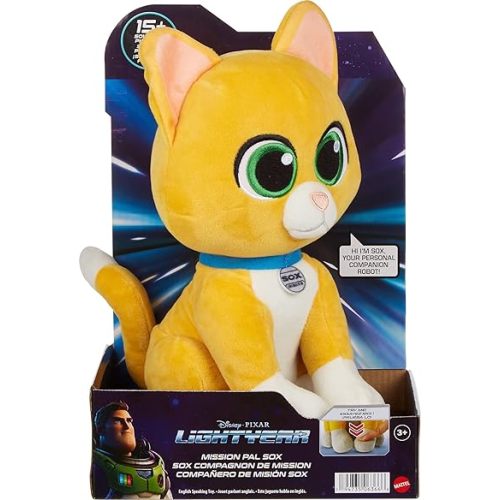Mattel Disney and Pixar Plush Talking Toy, Lightyear Mission Pal Sox Soft Cat Inspired by the Movie, Sound Feature in English