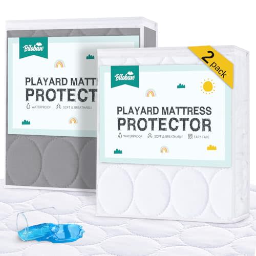 Pack and Play Mattress Cover Waterproof 2 Pack, Quilted Pack and Play Mattress Pad Fitted Fits for Graco Pack n Play Playard Mattress/Playpen Mattress, White&Gray, 39" x 27"