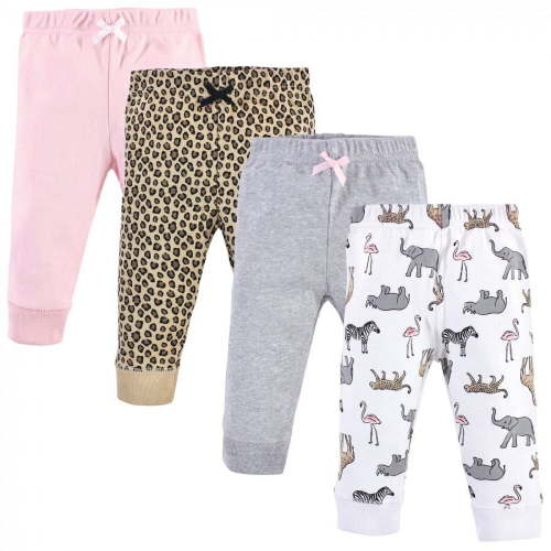 Hudson Baby Infant and Toddler Girl Cotton Pants 4pk, Modern Pink Safari, 0-3 Months