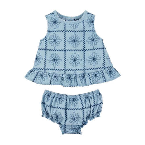 Embroidered Denim Pinafore Set