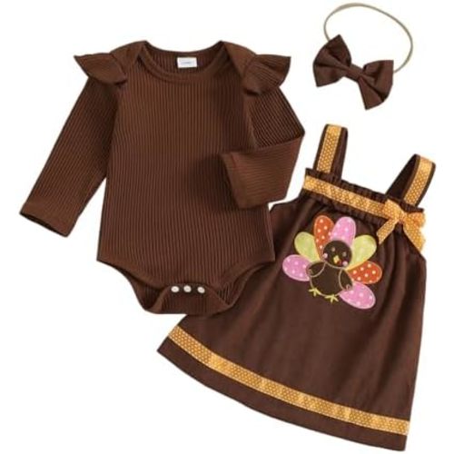 Newborn Baby Girl Thanksgiving Outfit Turkey Long Sleeve Romper Overall Dress Headband Set Fall Winter Clothes