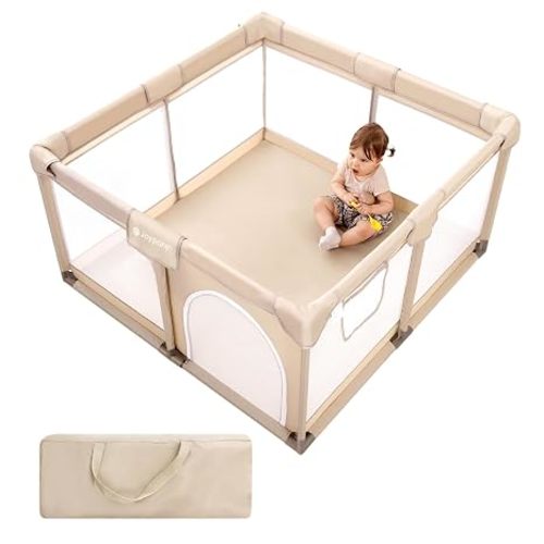 Baby Playpen, 50x50 in Small Play Pen for Babies and Toddlers, Playpen for Kids with Gate, Indoors Play Yard with Soft Breathable Mesh (Beige)