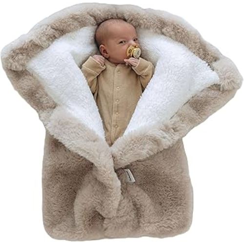 Warm Swaddle Blanket for Baby Boy or Girl, Multi Use Baby Wrap Swaddle, Ultra-Soft Fleece Interior Plush Exterior, Winter Stroller Blanket, Cold Weather Baby Swaddle (Beige, 0-6 Months)