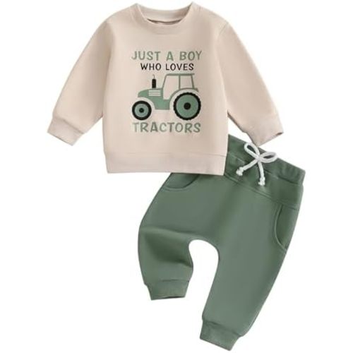 Toddler Baby Boy Fall Winter Outfits Tractor Print Long Sleeve Sweatshirt Pants Set Kids Sweatsuit Clothes