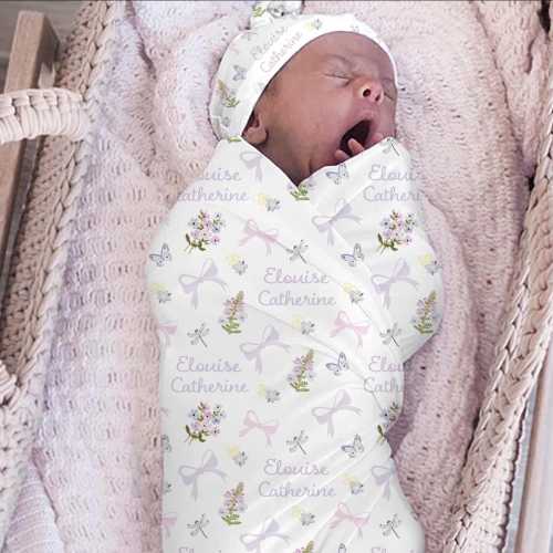 Personalized Wildflower Swaddle Girl/Lavender Bows/Pink Bows/Pastel Summer Florals/Coming Home Set Newborn/Dainty Floral Name Blanket