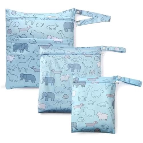 3 PCS Waterproof Wet Dry Bags, Reusable Wet Bags for Baby Diaper Swimsuit Breast Pump Parts, 3 Sizes Wet Clothes Bag with 2 Zippered Pockets, Leakproof Wetbags for Travel Pool Beach Essentials