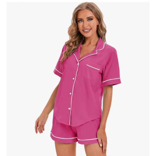 LUBOT 100% Cotton Pajamas for Women 2 Piece PJ Set Button-Down Soft Knit Short Sleeve Summer Sleepwear Loungewear XS-XXL