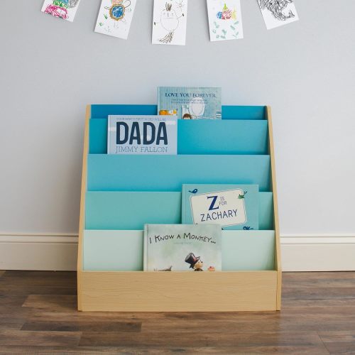 Humble Crew Skylar Children's Wooden Bookcase Storage Rack with 5 Tiers, Natural/Aqua