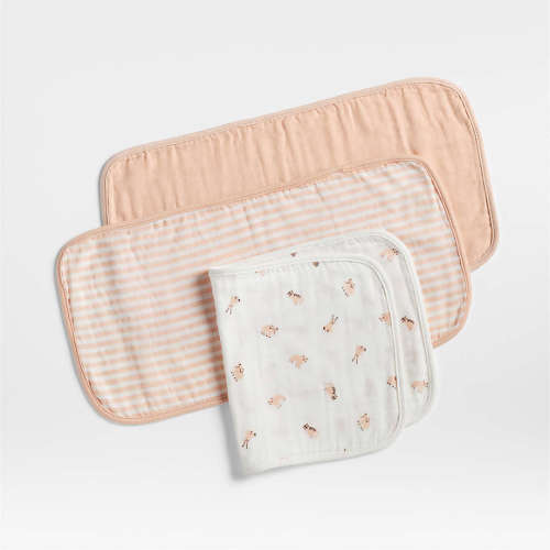 Baby's First Pink Mini Animal Organic Cotton Gauze Baby Burp Cloth, Set of 3