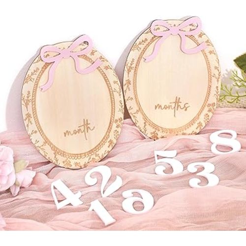 Wooden Baby Monthly Milestone Discs for Girls – 1-12 Month Baby Photo Props, Pink Bow Newborn Milestone Markers, Baby Girl Monthly Growth Signs, Baby Shower Gift