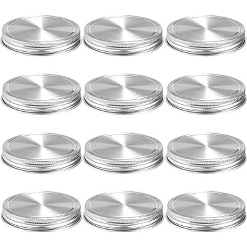 Stainless Steel Mason Jar Lids,12 Pack Polished Surface,Reusable and Leak Proof,Storage Caps with Silicone Seals for Wide Mouth Size Jars (12-Pack Stainless Steel Lids(Wide Mouth))