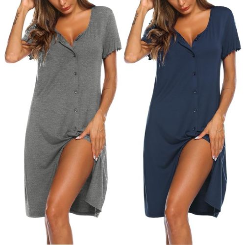 Ekouaer 2 Pack Nightgowns for Women Button Down Night Shirts Short Sleeve Sleep Shirts V Neck Sleepwear Pajama Dress