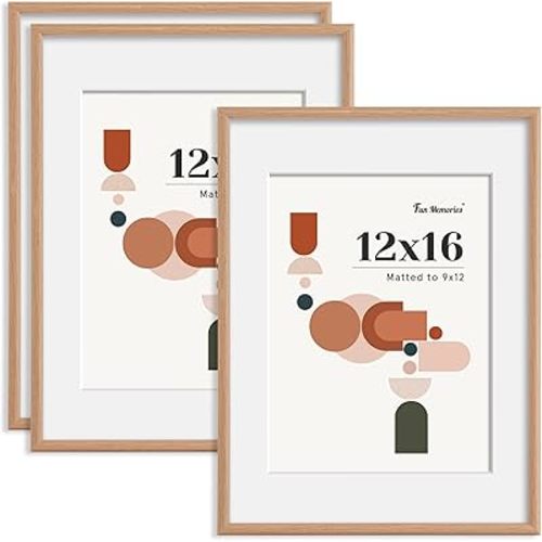 Fun Memories 12x16 Picture Frame, Display Pictures 9x12 with Mat or 12x16 Without Mat, 3 Pack with HD Plexiglass, Wall or Tabletop Display, Wall Hook Included, Natural